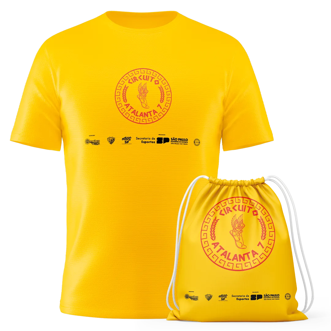 Kit atleta da etapa Marília: camiseta e gymbag amarelas do Circuito Atalanta
